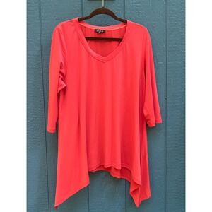 Alisha.d Women's XL Coral‎ V-Neck 3/4 Sleeve Handkerchief Hem Tunic Top